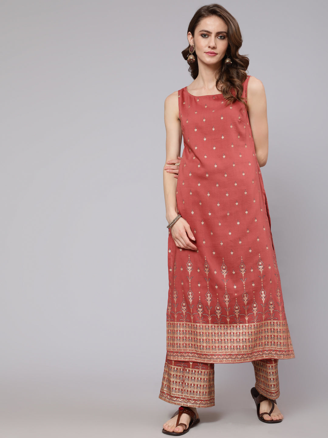 Rust Red Placement Print Kurta With Palazzo - Elganza