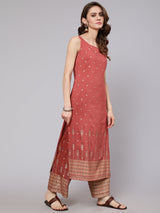 Rust Red Placement Print Kurta With Palazzo - Elganza