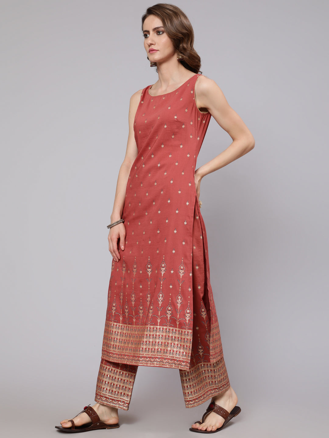 Rust Red Placement Print Kurta With Palazzo - Elganza