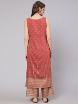 Rust Red Placement Print Kurta With Palazzo - Elganza
