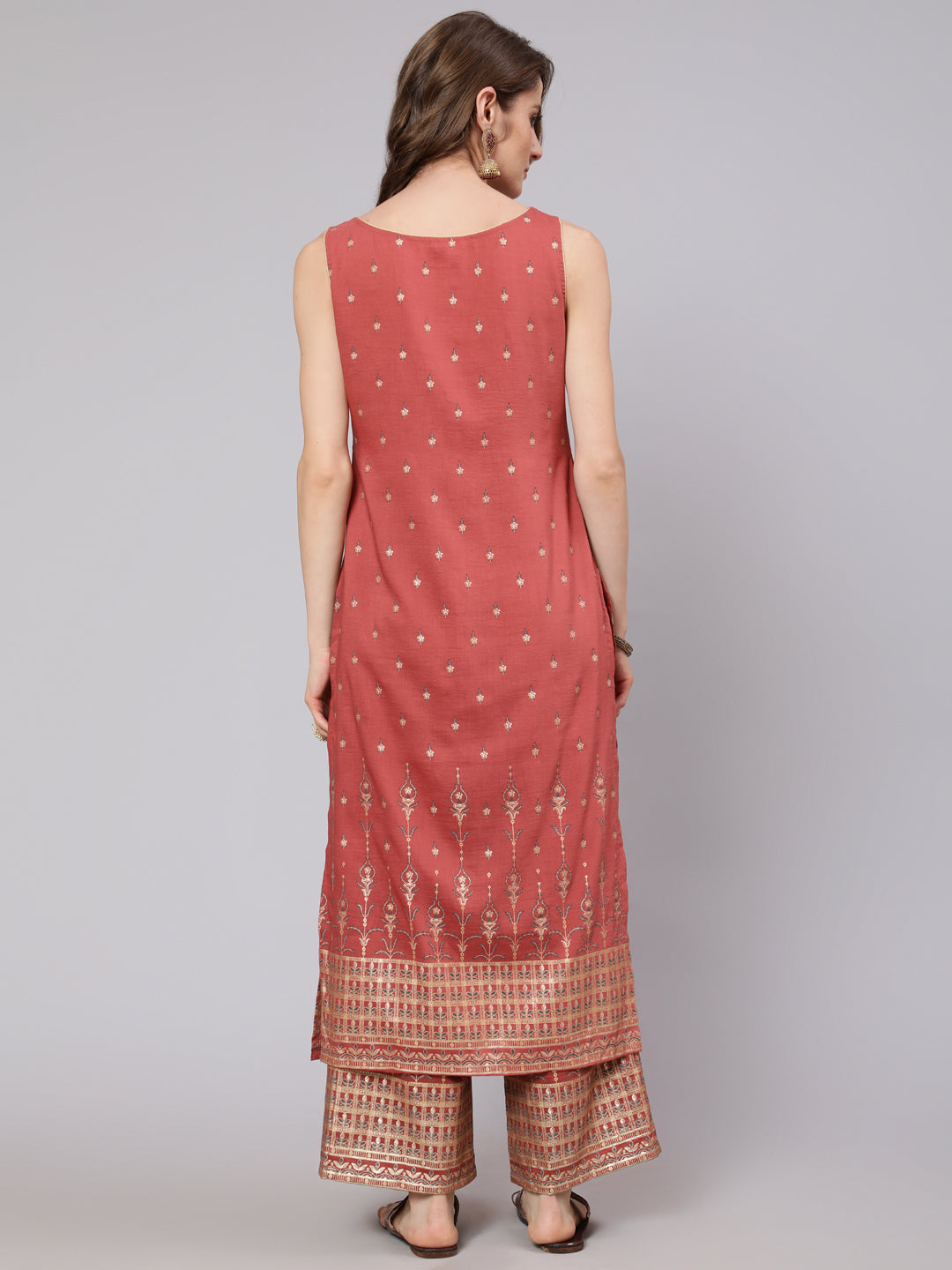 Rust Red Placement Print Kurta With Palazzo - Elganza