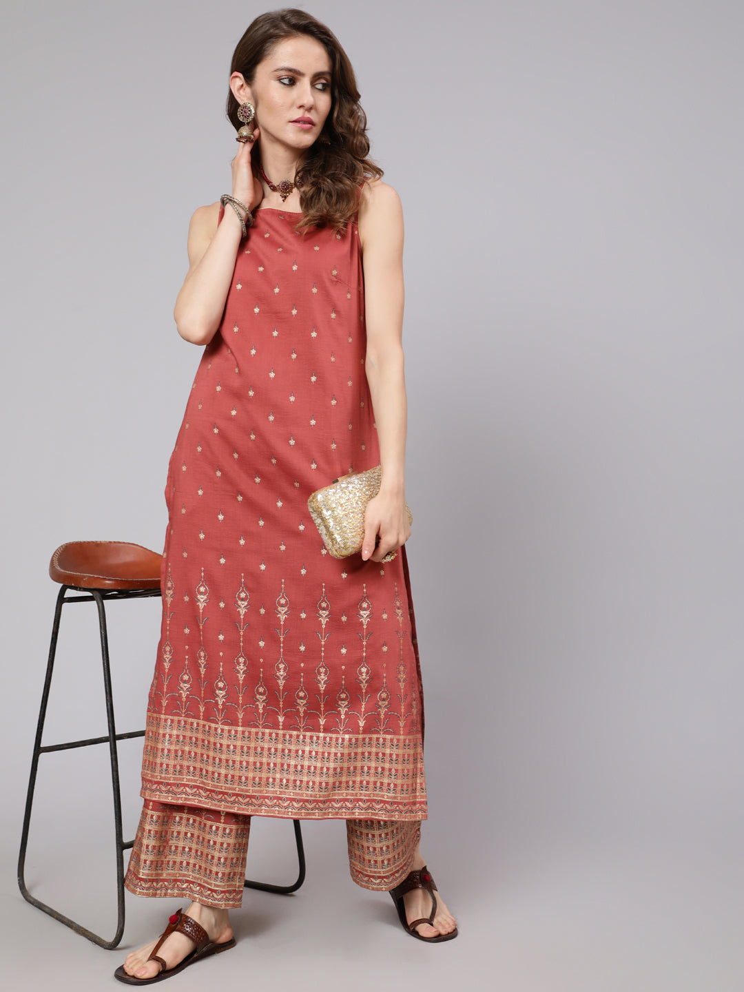 Rust Red Placement Print Kurta With Palazzo - Elganza