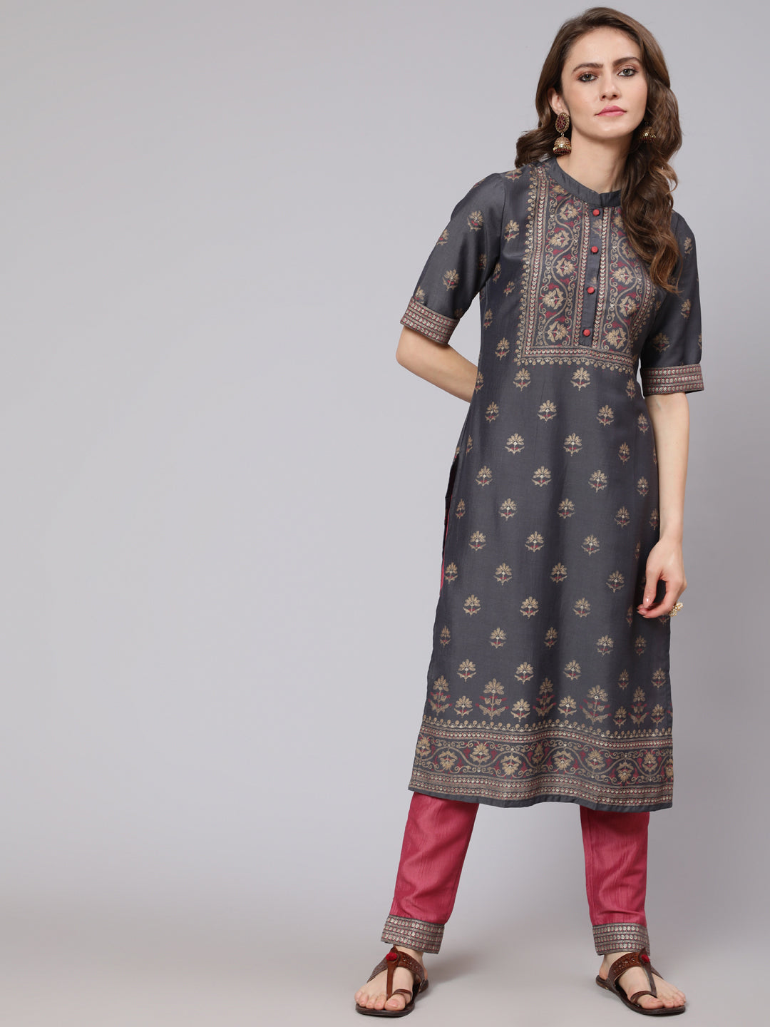 Grey & Pink Placement Print Kurta With Pant - Elganza
