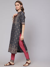 Grey & Pink Placement Print Kurta With Pant - Elganza