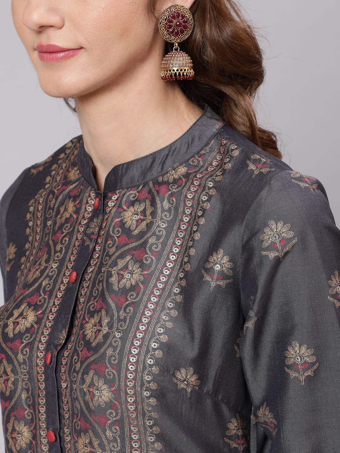Grey & Pink Placement Print Kurta With Pant - Elganza