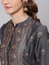 Grey & Pink Placement Print Kurta With Pant - Elganza