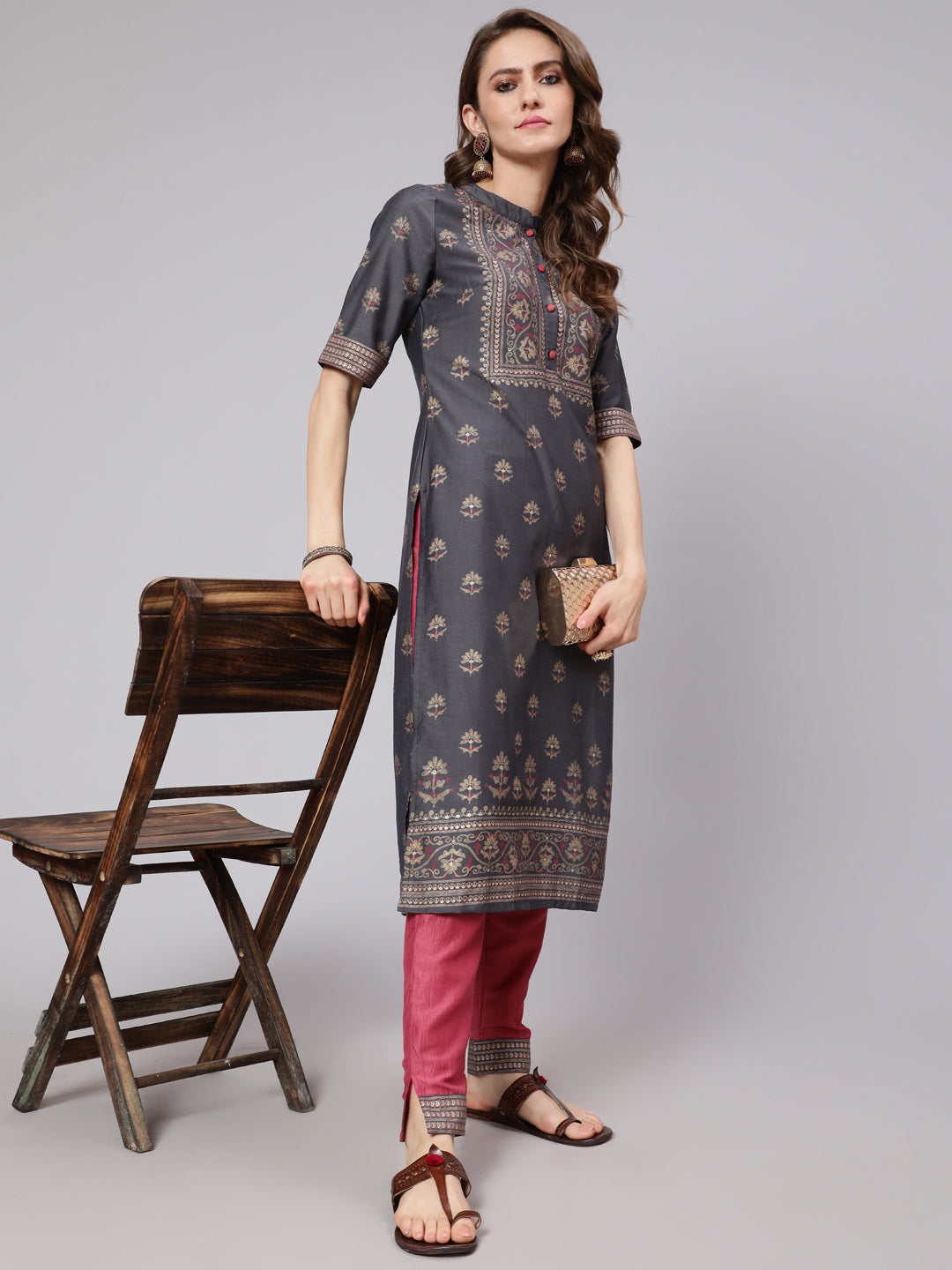 Grey & Pink Placement Print Kurta With Pant - Elganza