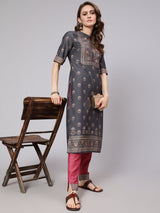 Grey & Pink Placement Print Kurta With Pant - Elganza