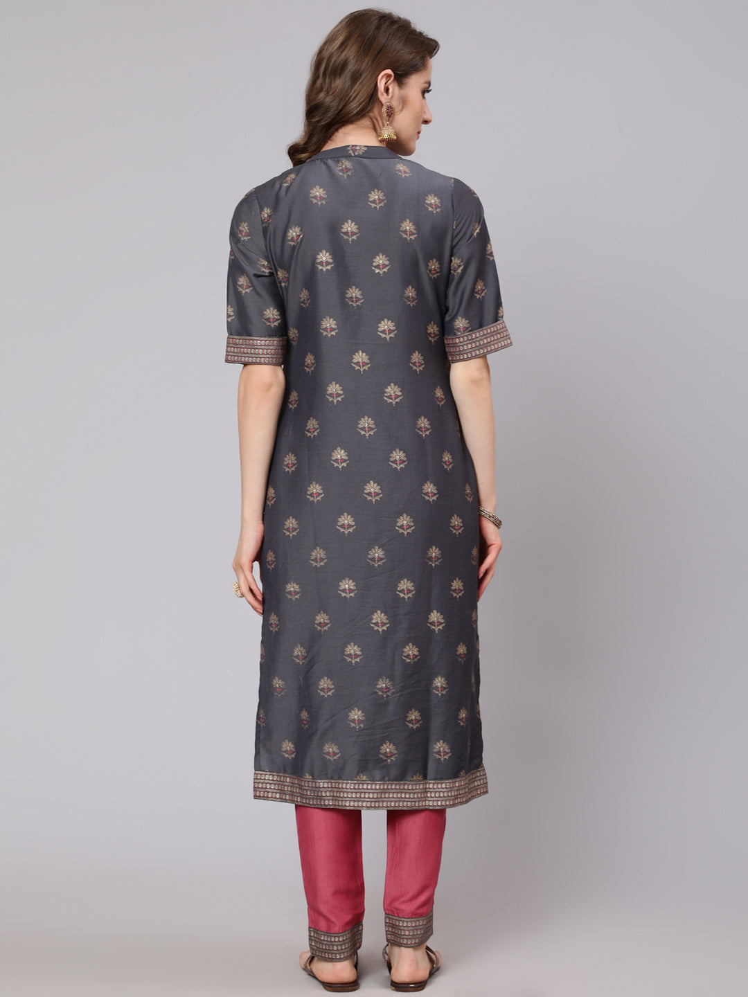Grey & Pink Placement Print Kurta With Pant - Elganza