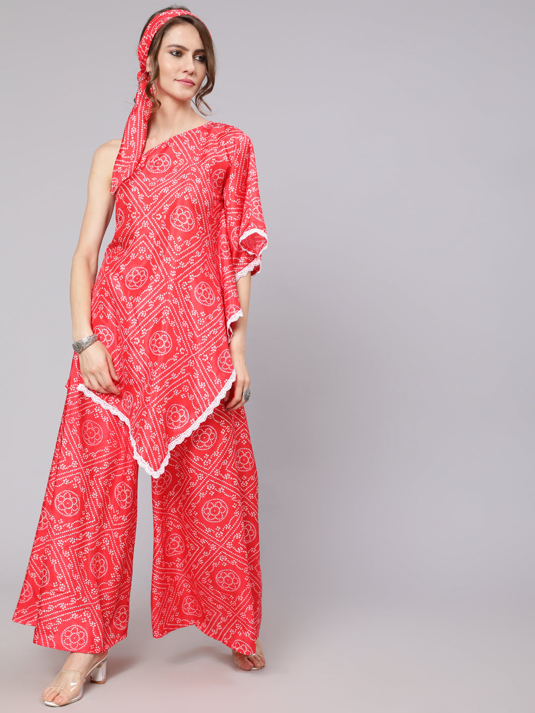 Red Bandhani Print Asymmetrical Kurta With Palazzo - Elganza