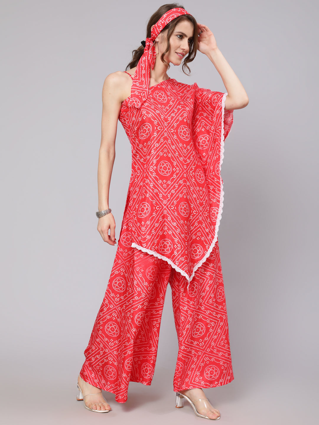 Red Bandhani Print Asymmetrical Kurta With Palazzo - Elganza