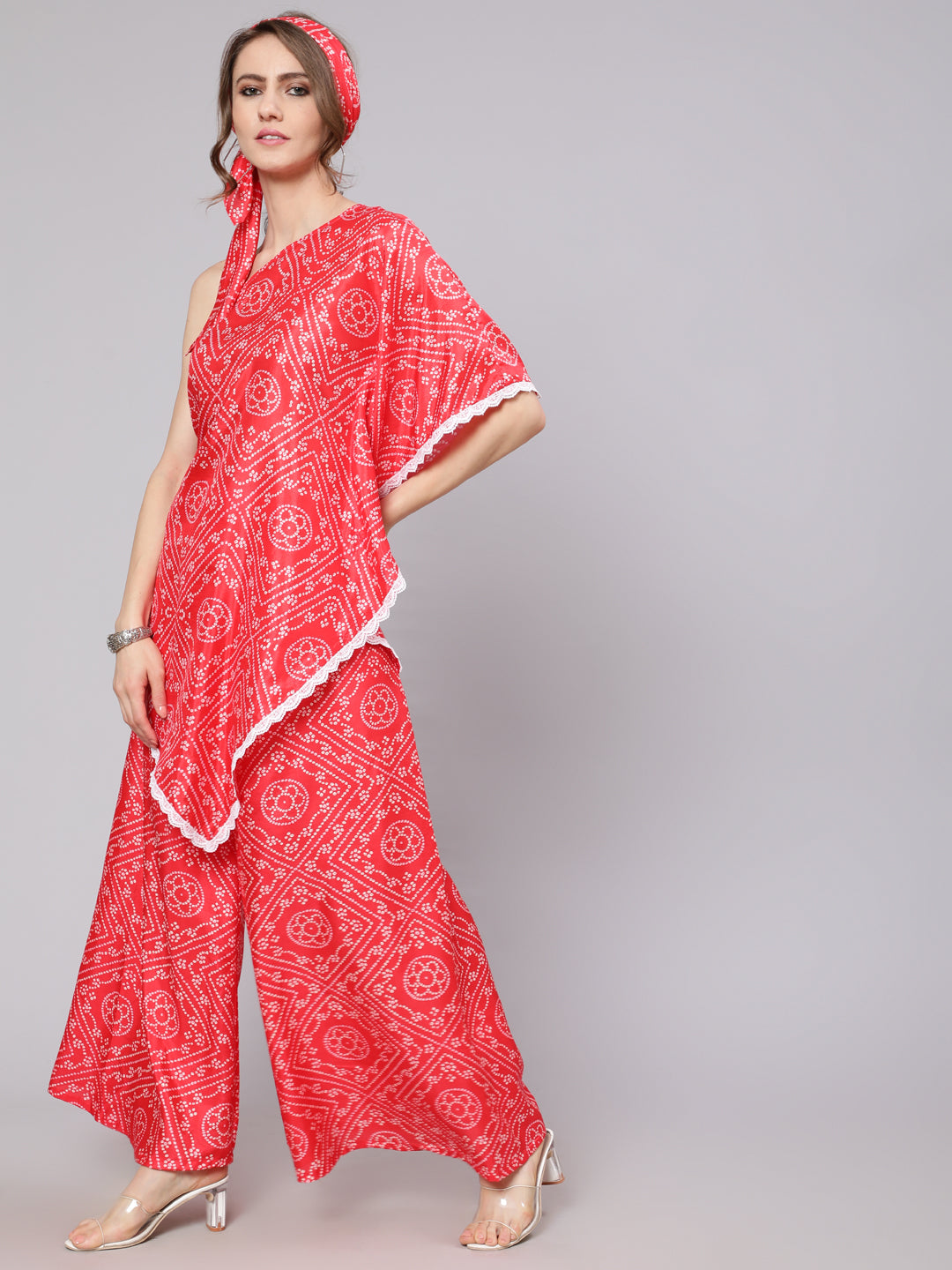 Red Bandhani Print Asymmetrical Kurta With Palazzo - Elganza