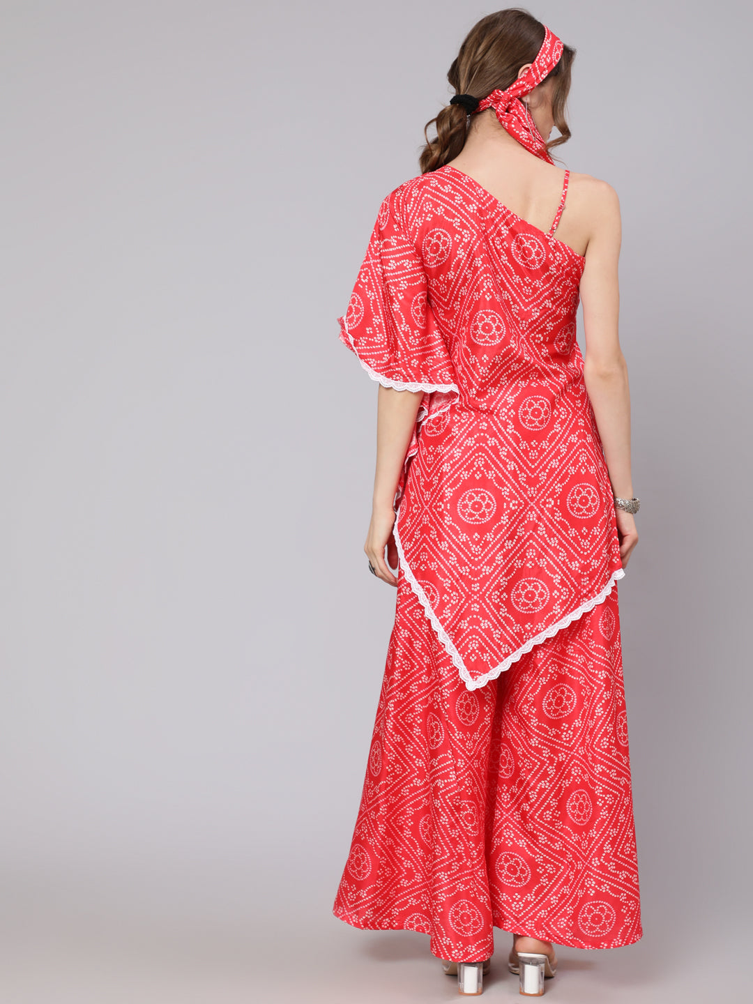 Red Bandhani Print Asymmetrical Kurta With Palazzo - Elganza