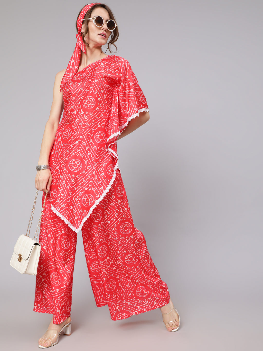 Red Bandhani Print Asymmetrical Kurta With Palazzo - Elganza