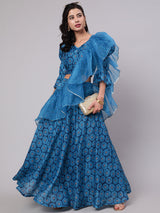 Royal Blue Digital Print Lehenga Choli With Dupatta - Elganza