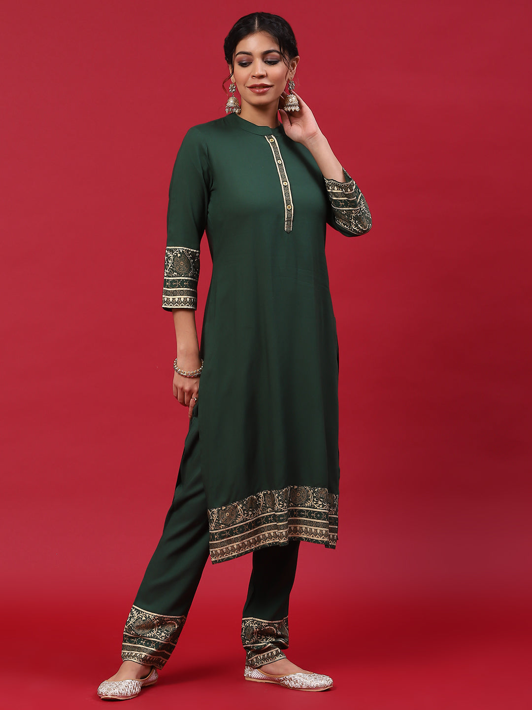 Green Gold Printed Kurta Pant With Embellished Dupatta - Elganza