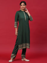 Green Gold Printed Kurta Pant With Embellished Dupatta - Elganza