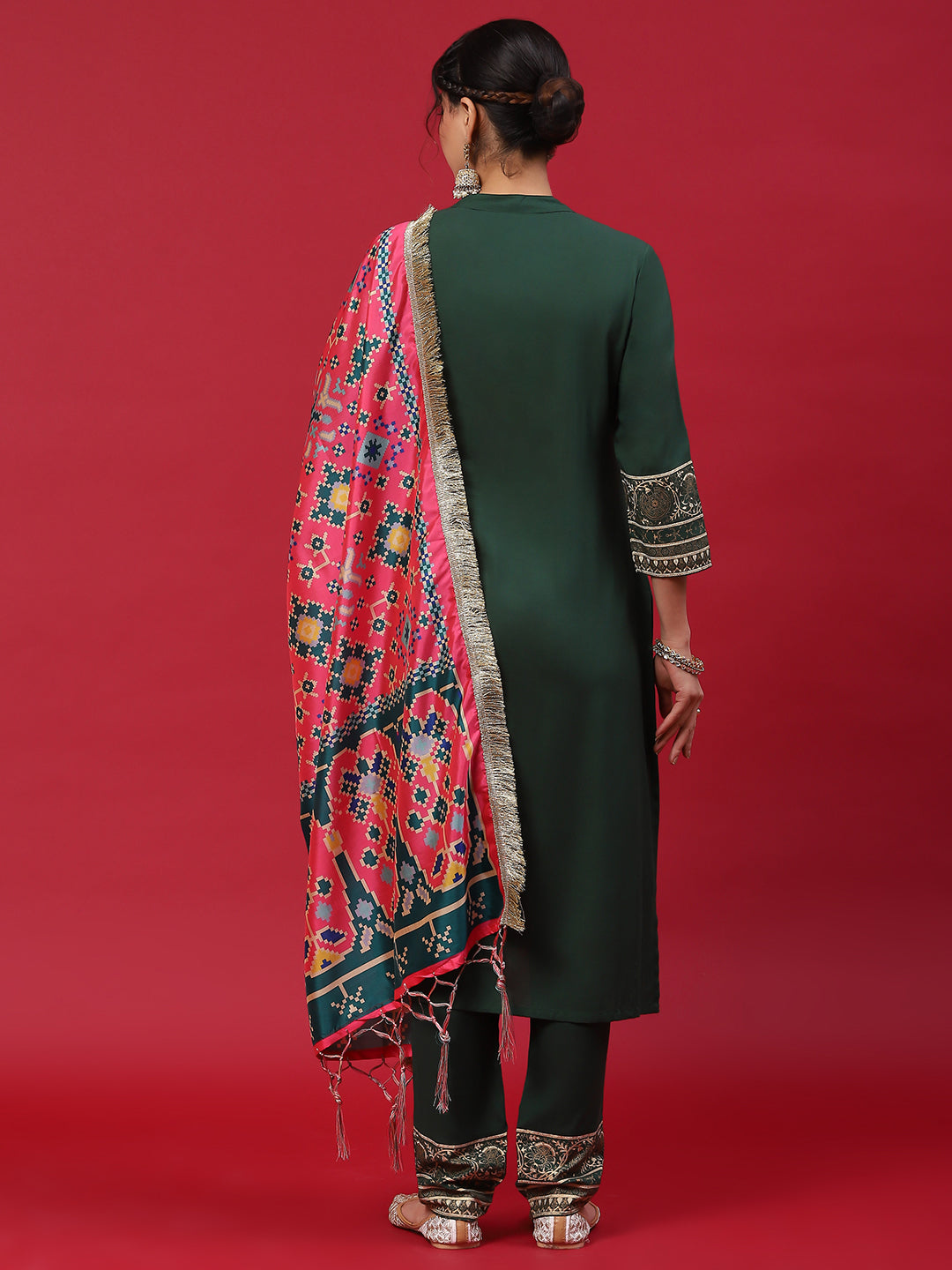 Green Gold Printed Kurta Pant With Embellished Dupatta - Elganza