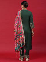 Green Gold Printed Kurta Pant With Embellished Dupatta - Elganza