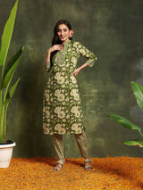 Green Floral Print Straight Kurta With Pant - Elganza