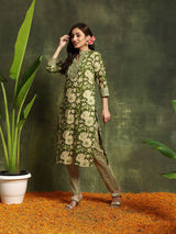 Green Floral Print Straight Kurta With Pant - Elganza