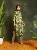 Green Floral Print Straight Kurta With Pant - Elganza