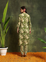 Green Floral Print Straight Kurta With Pant - Elganza