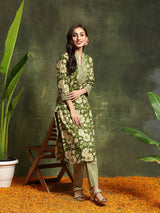 Green Floral Print Straight Kurta With Pant - Elganza