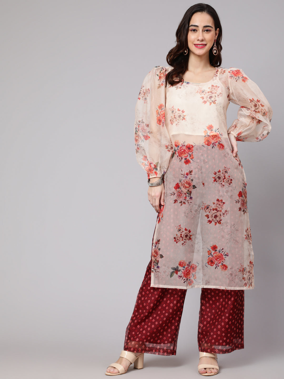 Cream Maroon Floral Print Kurta With Palazzo