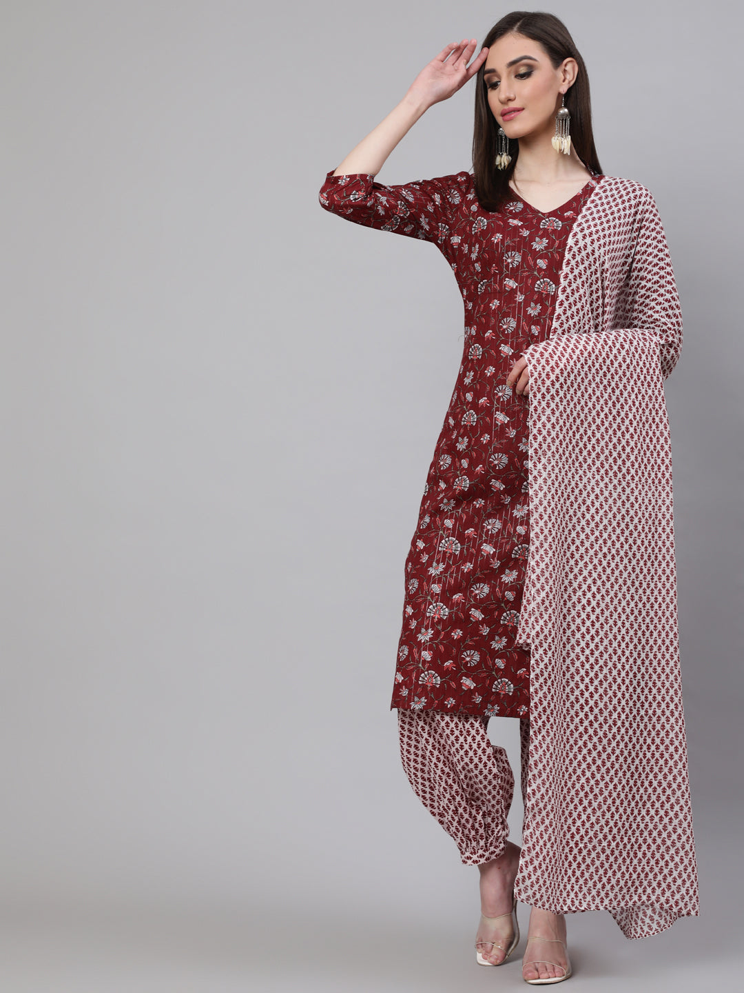 Maroon Printed Lurex Kurta Palazzo With Dupatta - Elganza