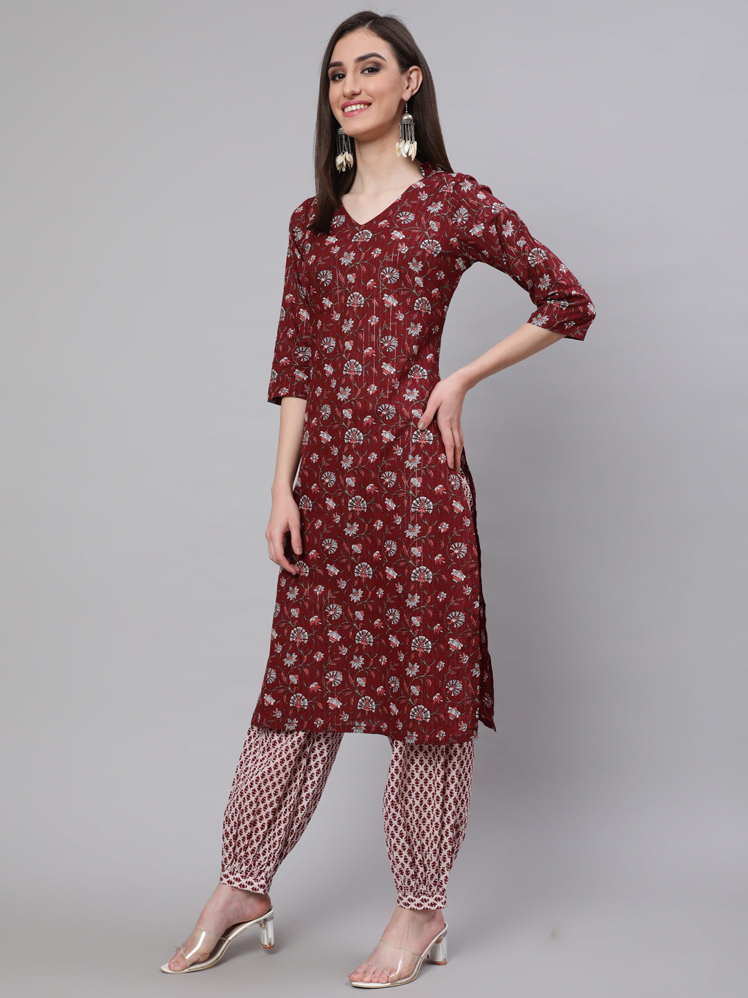 Maroon Printed Lurex Kurta Palazzo With Dupatta - Elganza