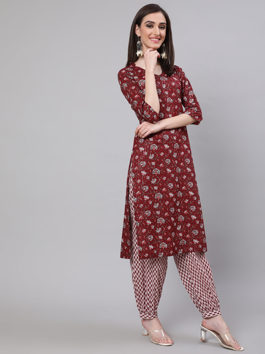 Maroon Printed Lurex Kurta Palazzo With Dupatta - Elganza
