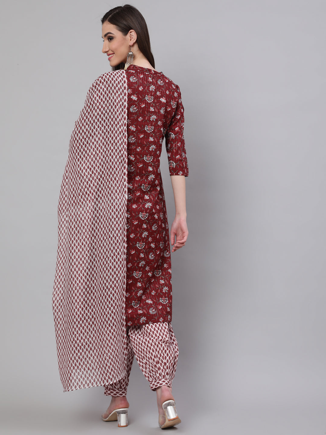 Maroon Printed Lurex Kurta Palazzo With Dupatta - Elganza
