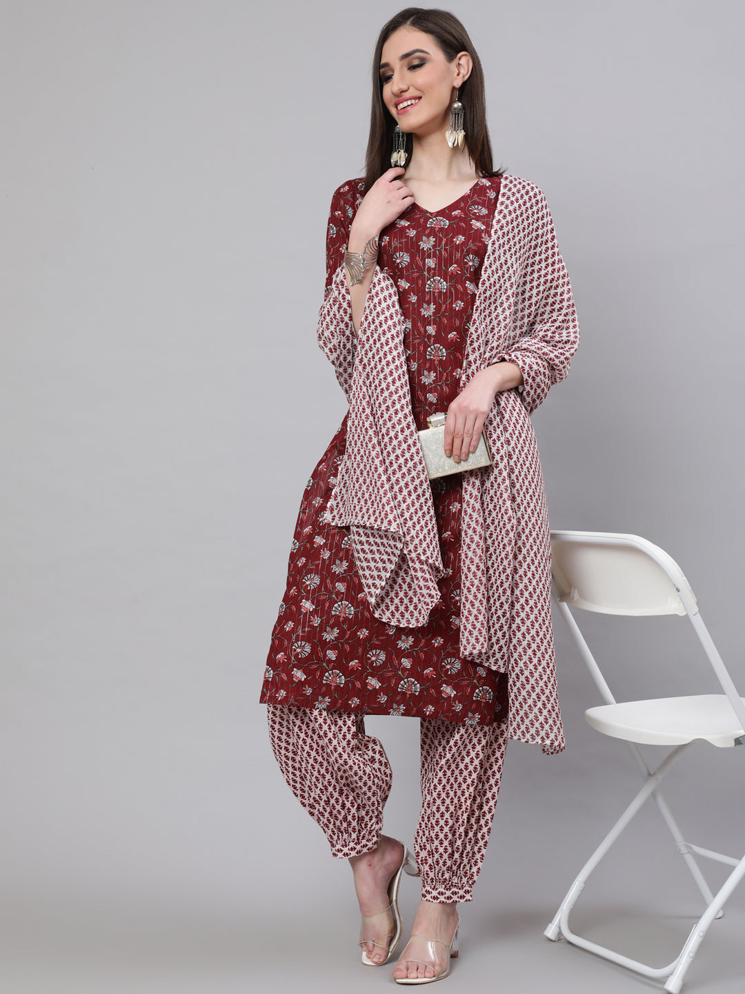 Maroon Printed Lurex Kurta Palazzo With Dupatta - Elganza