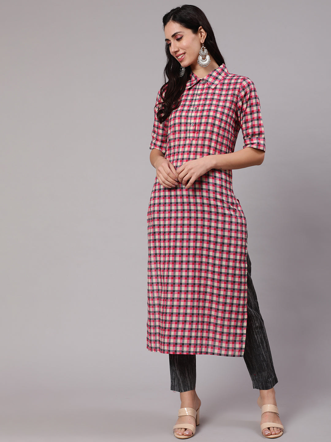 Pink & Grey Checked Kurta With Pant - Elganza