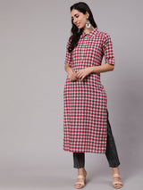 Pink & Grey Checked Kurta With Pant - Elganza