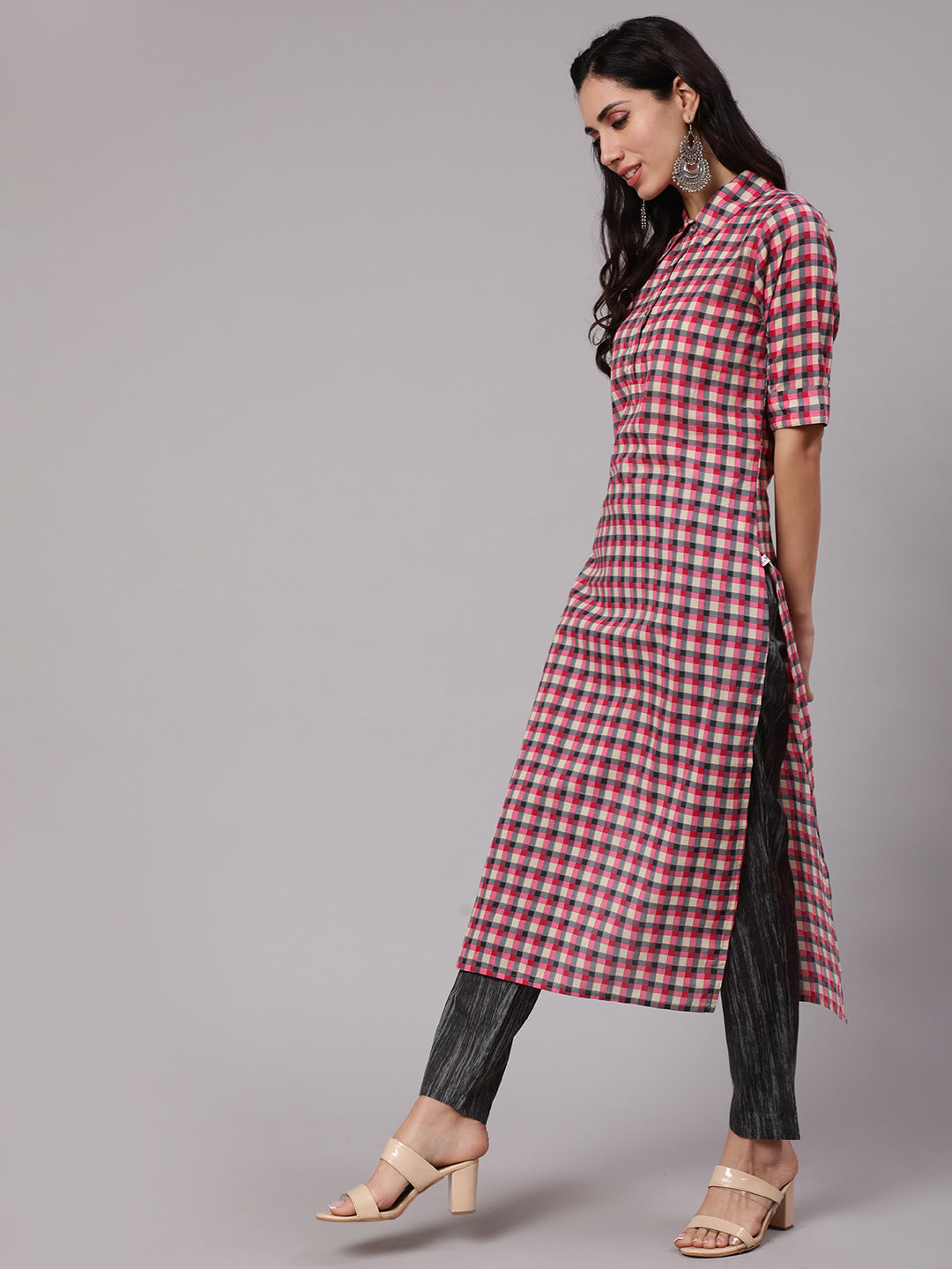 Pink & Grey Checked Kurta With Pant - Elganza