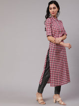 Pink & Grey Checked Kurta With Pant - Elganza