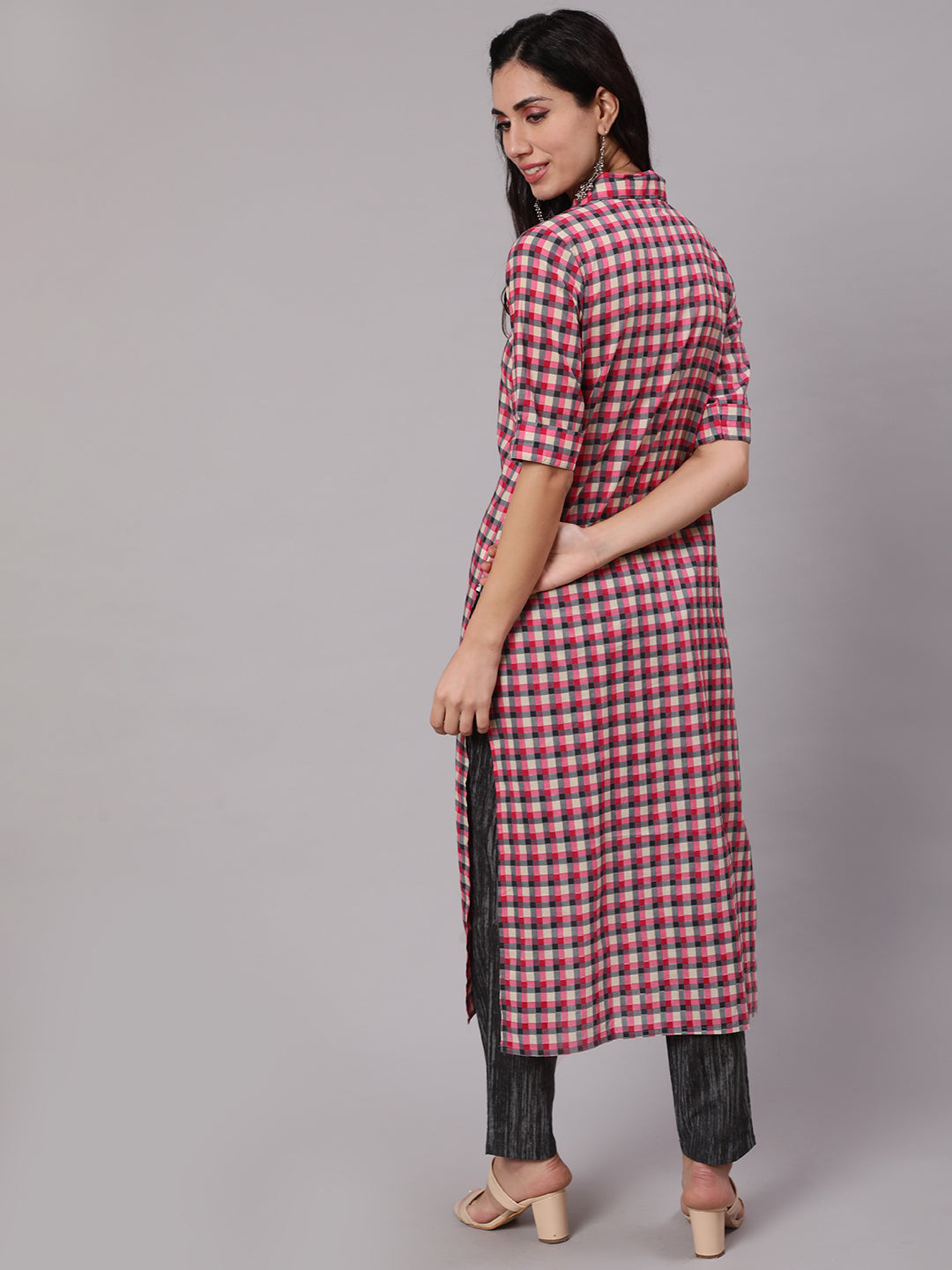 Pink & Grey Checked Kurta With Pant - Elganza