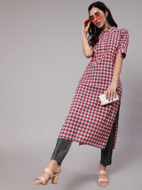 Pink & Grey Checked Kurta With Pant - Elganza