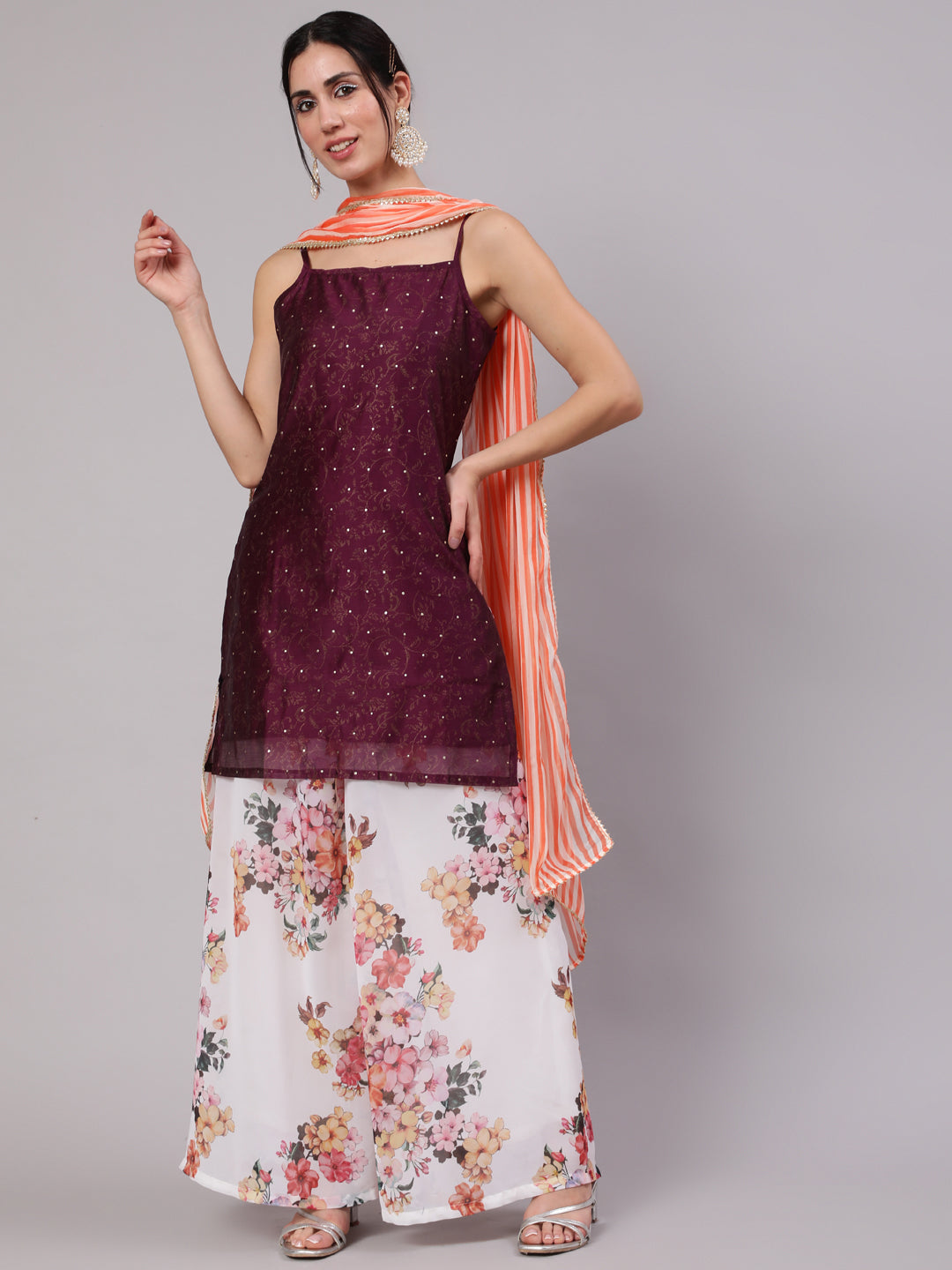 Purple Gold Print Kurta Palazzo With Dupatta - Elganza