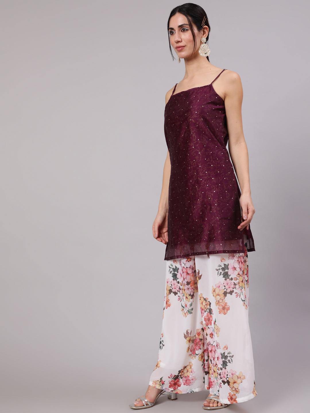 Purple Gold Print Kurta Palazzo With Dupatta - Elganza