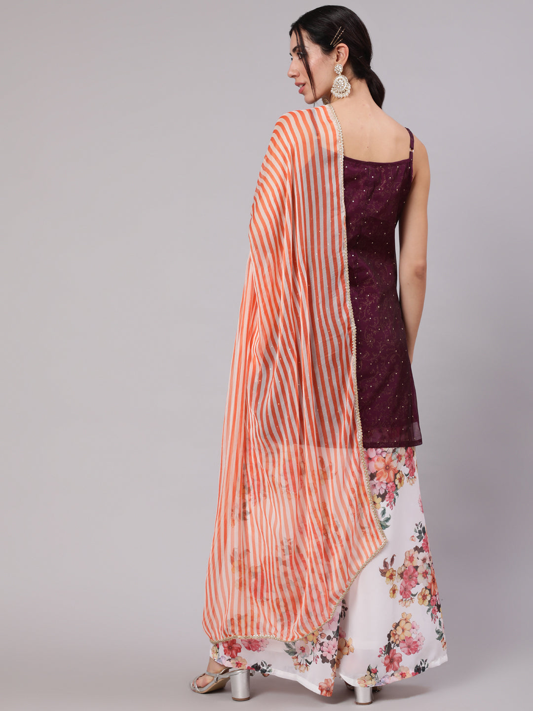 Purple Gold Print Kurta Palazzo With Dupatta - Elganza