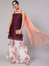 Purple Gold Print Kurta Palazzo With Dupatta - Elganza