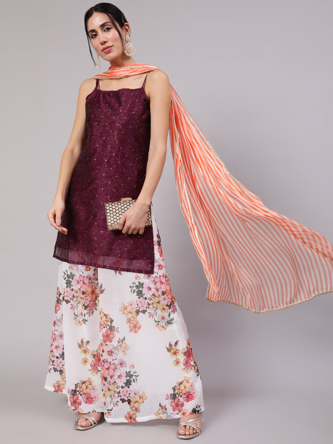Purple Gold Print Kurta Palazzo With Dupatta - Elganza