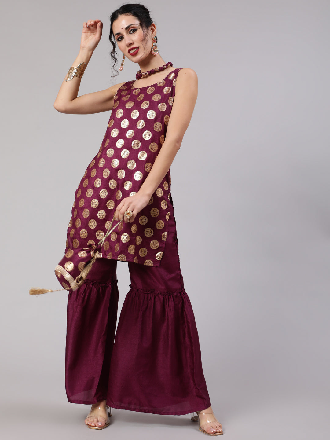 Purple Foil Print Kurta Sharara With Potli Bag & Necklace - Elganza