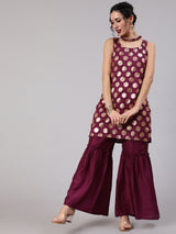 Purple Foil Print Kurta Sharara With Potli Bag & Necklace - Elganza