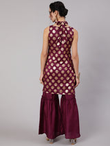Purple Foil Print Kurta Sharara With Potli Bag & Necklace - Elganza