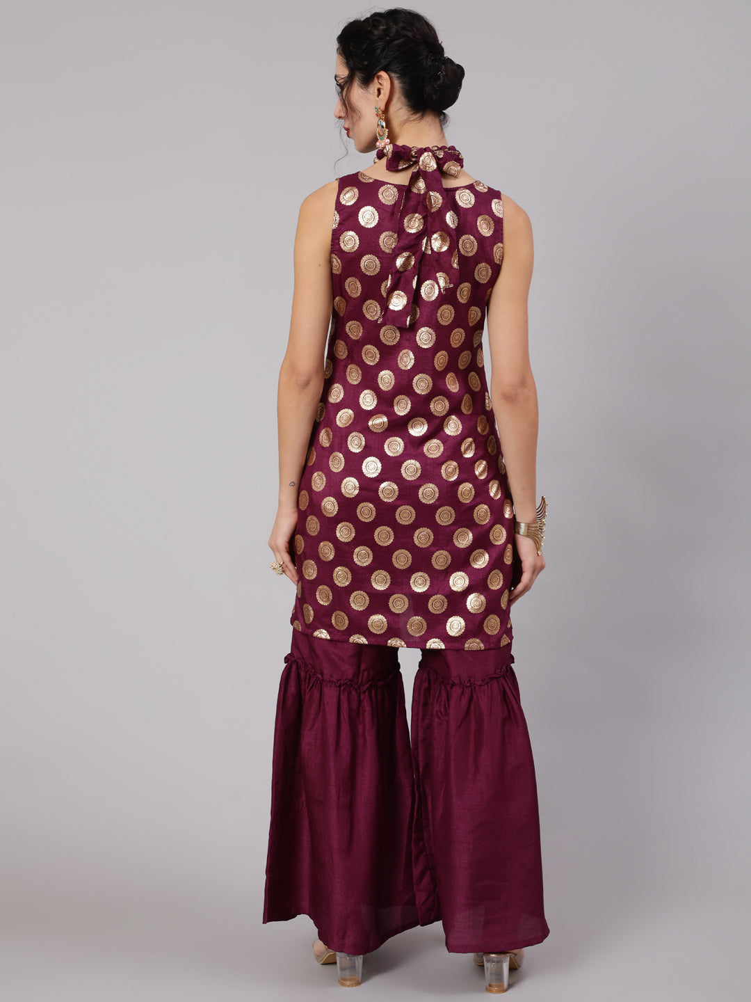 Purple Foil Print Kurta Sharara With Potli Bag & Necklace - Elganza