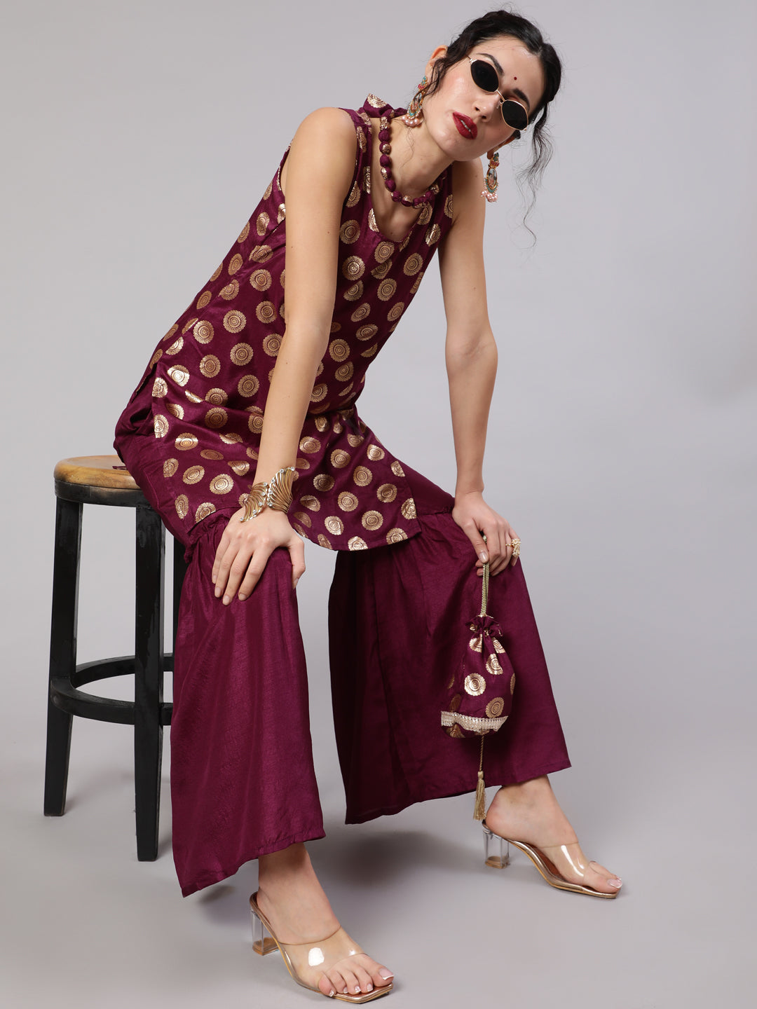 Purple Foil Print Kurta Sharara With Potli Bag & Necklace - Elganza